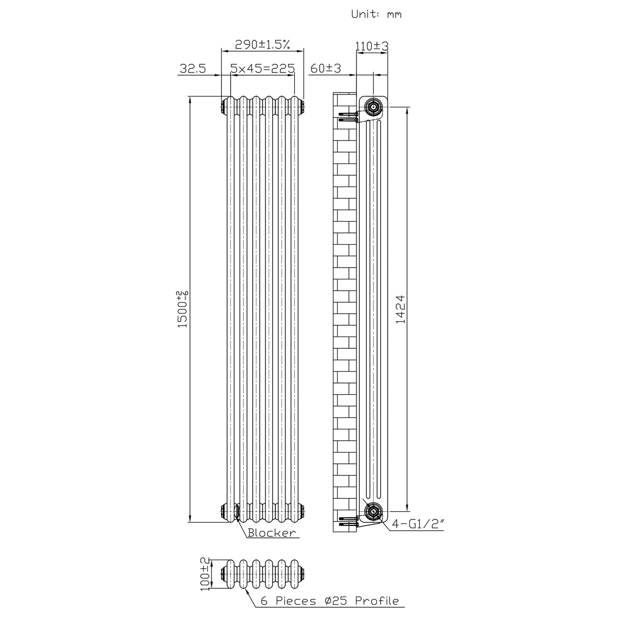 Radiatore Tradizionale a 3 Colonne con Valvole - 1500 x 290 mm - Metallo Grezzo