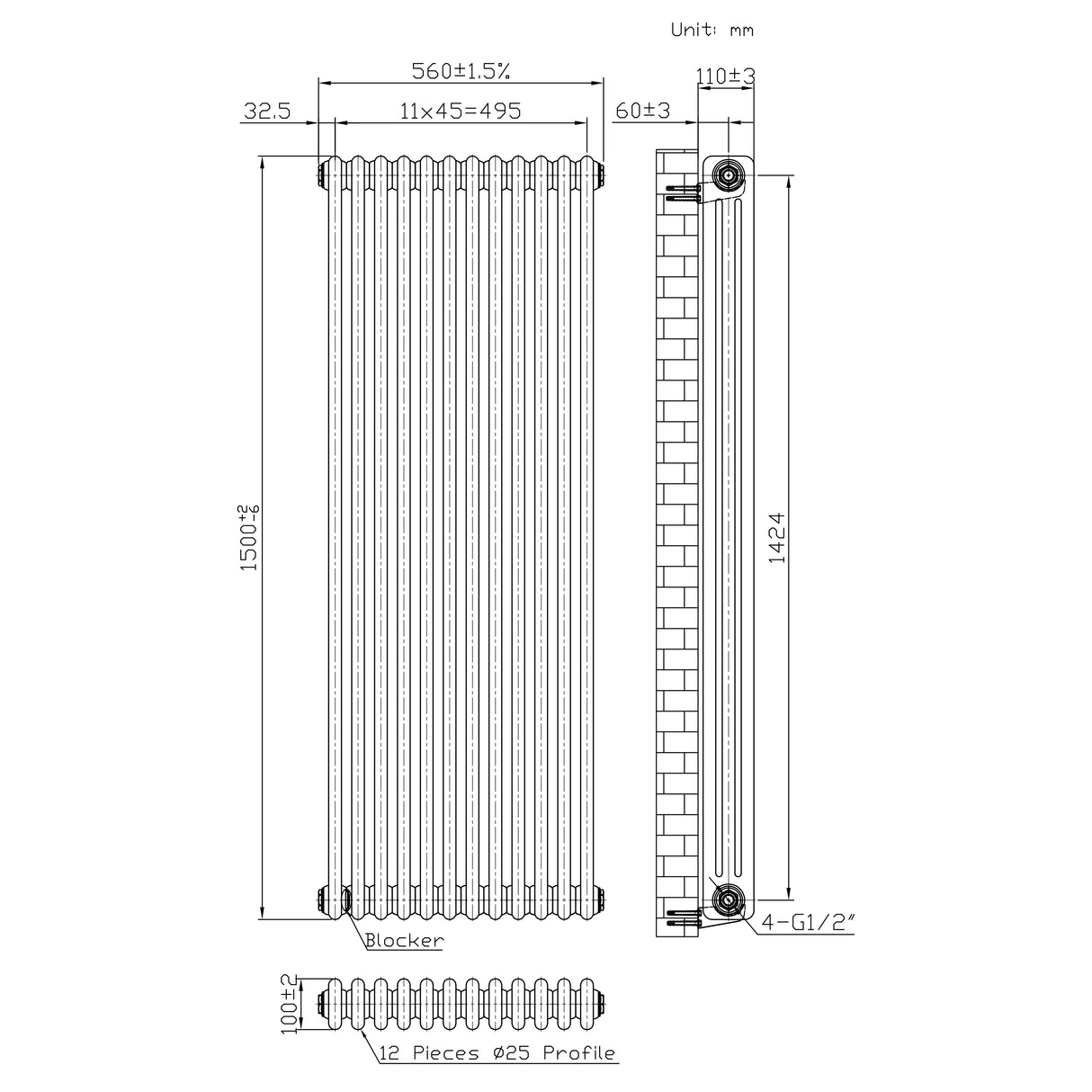Radiatore Tradizionale a 3 Colonne con Valvole - 1500 x 560 mm - Metallo Grezzo