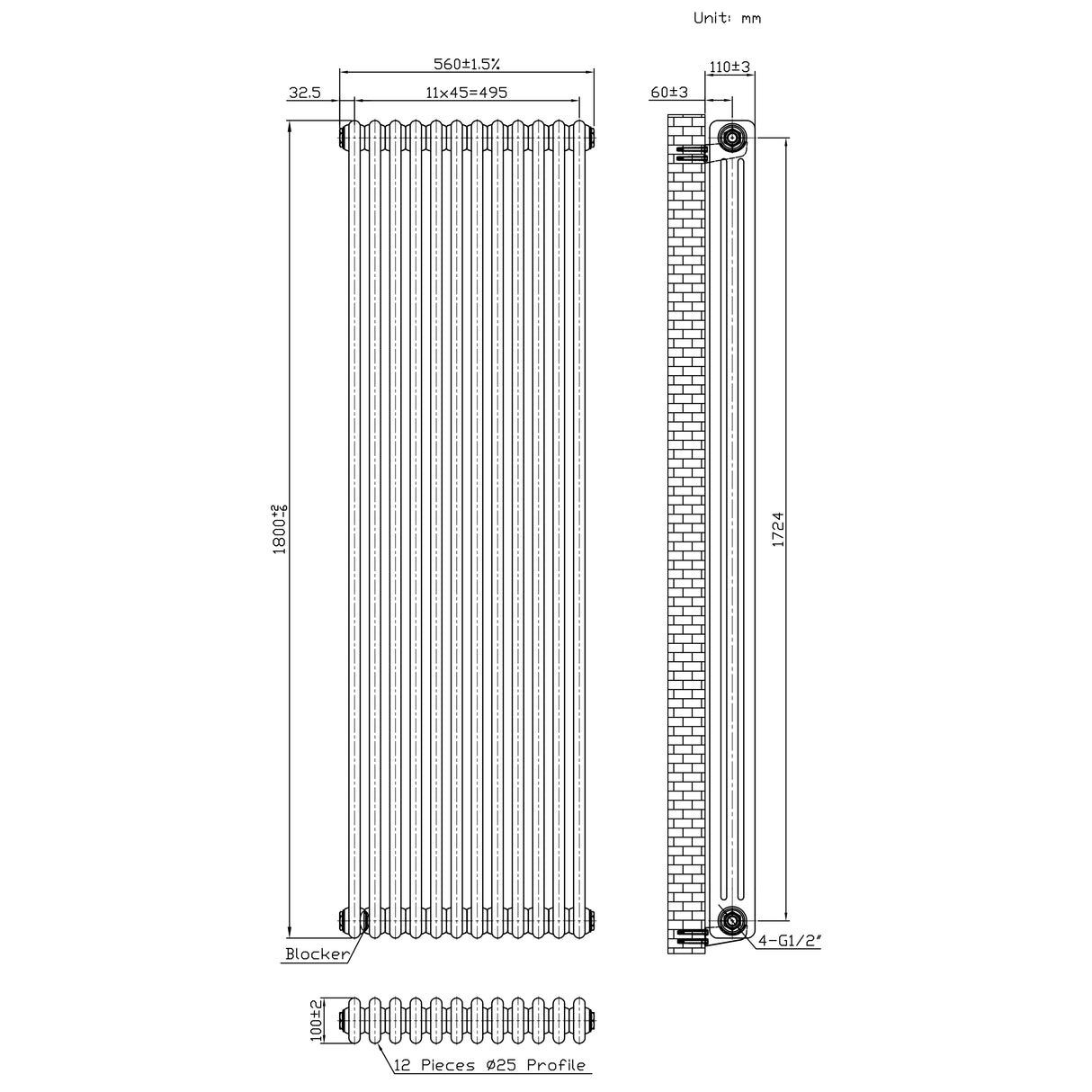 Radiatore Tradizionale a 3 Colonne con Valvole - 1800 x 560 mm - Metallo Grezzo