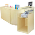 Set contatore cometa in legno chiaro, design curvo, superficie liscia, con spazio per registratore di cassa e espositori colorati