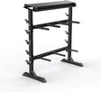 Supporto per manubri a forma di A robusto, realizzato in metallo nero, con sei barre orizzontali per un facile accesso e organizzazione