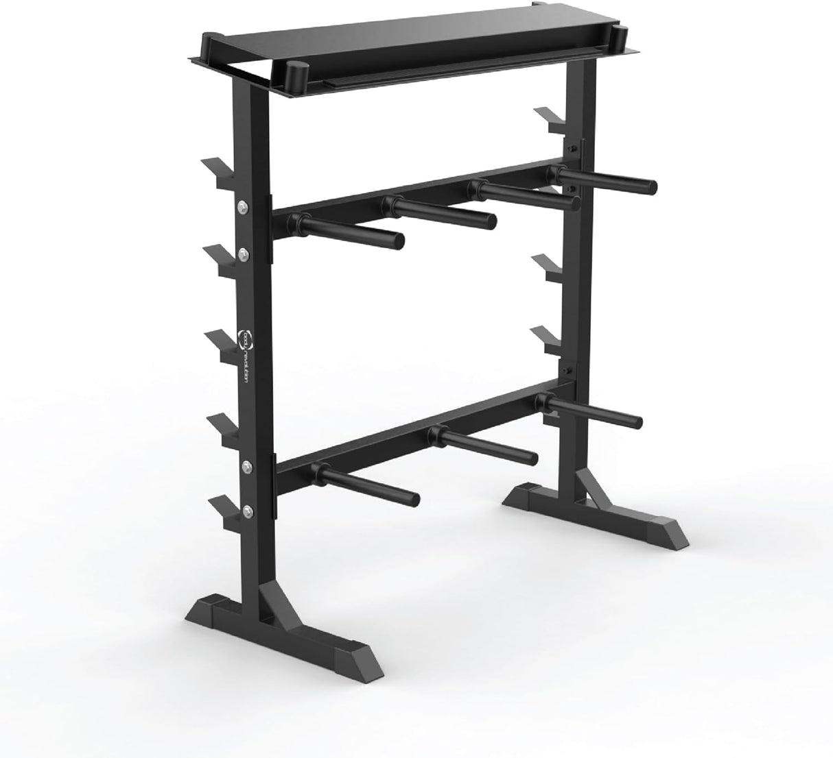 Supporto per manubri a forma di A robusto, realizzato in metallo nero, con sei barre orizzontali per un facile accesso e organizzazione