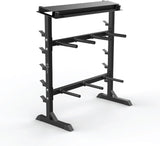 Supporto per manubri a forma di A robusto, realizzato in metallo nero, con sei barre orizzontali per un facile accesso e organizzazione