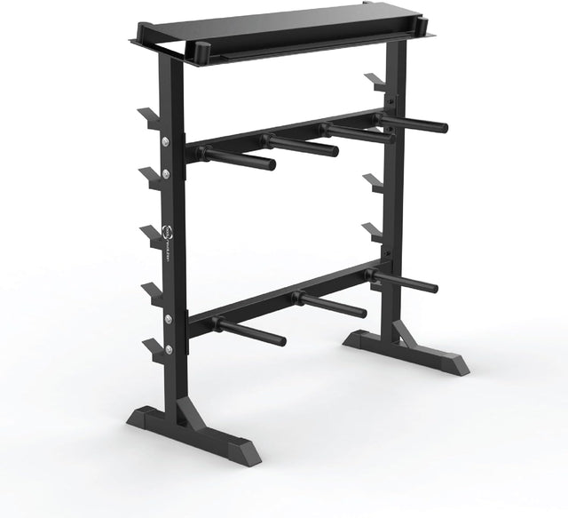 Supporto per manubri a forma di A robusto, realizzato in metallo nero, con sei barre orizzontali per un facile accesso e organizzazione