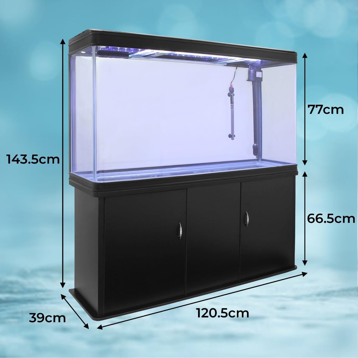 Acquario 300 Litri con Mobile Nero e Kit con Piante e Ghiaia Blu