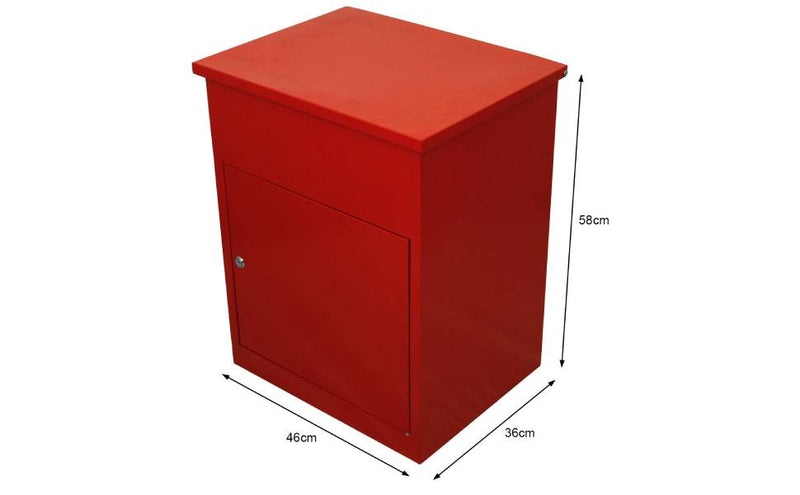 Mobiletto rosso in metallo, con finitura liscia, dimensioni 46x36x58 cm, dotato di un'anta frontale e maniglia argentata
