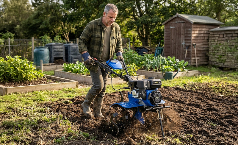 Uomo che utilizza un motocoltivatore blu su terreno fertile, circondato da piante verdi e un orto ben curato sullo sfondo