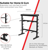 Supporto per manubri a forma di A, robusto, in metallo nero, con ripiani per manubri e barre, design ergonomico e piedi antiscivolo