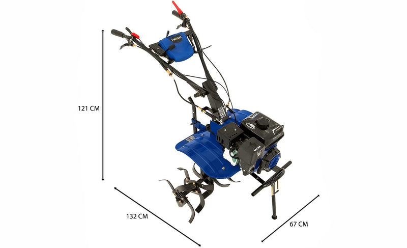 Motoretta da giardino blu con manici regolabili, lame affilate e dimensioni di 132 cm x 67 cm x 121 cm, ideale per lavorare il terreno