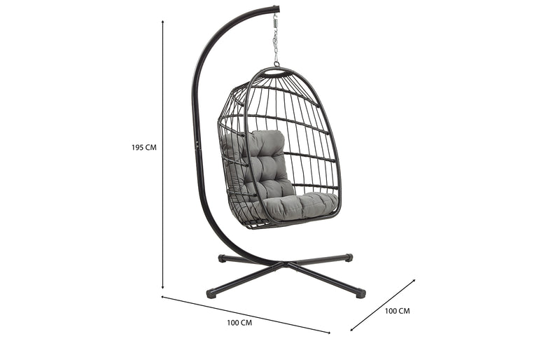 Amaca sospesa in metallo nero con cuscini grigi, design moderno e curvo, ideale per interni ed esterni, altezza 195 cm, base stabile