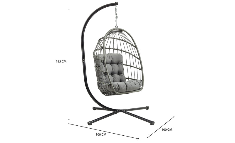 Amaca sospesa in rattan grigio con cuscini imbottiti, struttura nera, design moderno e curvo, ideale per esterni e interni