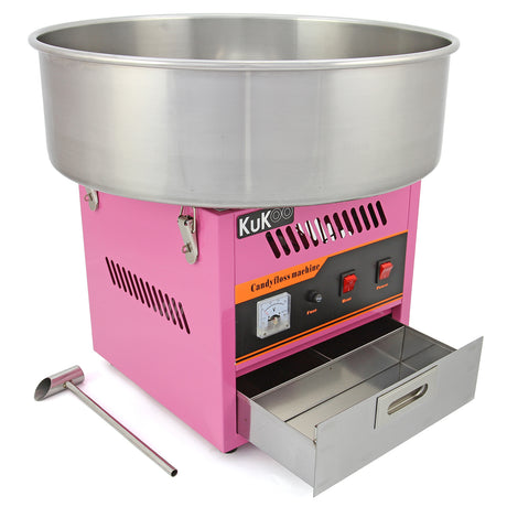 Macchina per zucchero filato di colore rosa con un grande recipiente in acciaio inox, dotata di pulsanti rossi e cassetto in metallo lucido