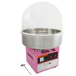 Macchina per zucchero filato rosa con base metallica lucida e copertura trasparente, ideale per feste e eventi