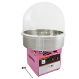 Macchina per zucchero filato rosa con base metallica lucida e copertura trasparente, ideale per feste e eventi