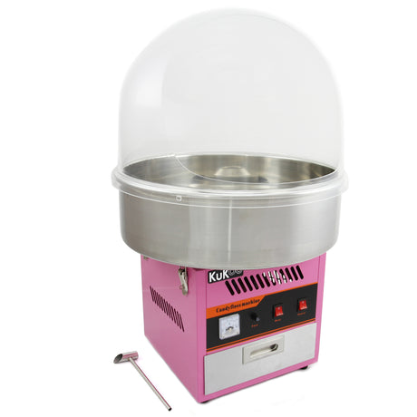 Macchina per zucchero filato rosa con base metallica lucida e copertura trasparente, ideale per feste e eventi