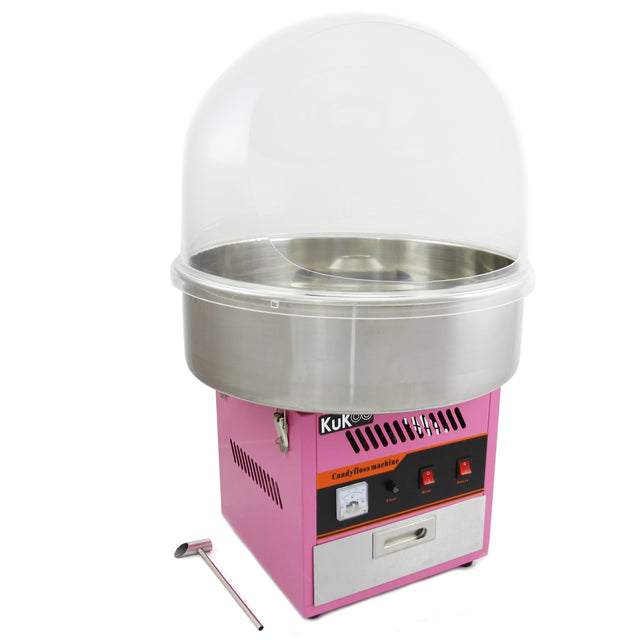 Macchina per zucchero filato rosa con base metallica lucida e copertura trasparente, ideale per feste e eventi