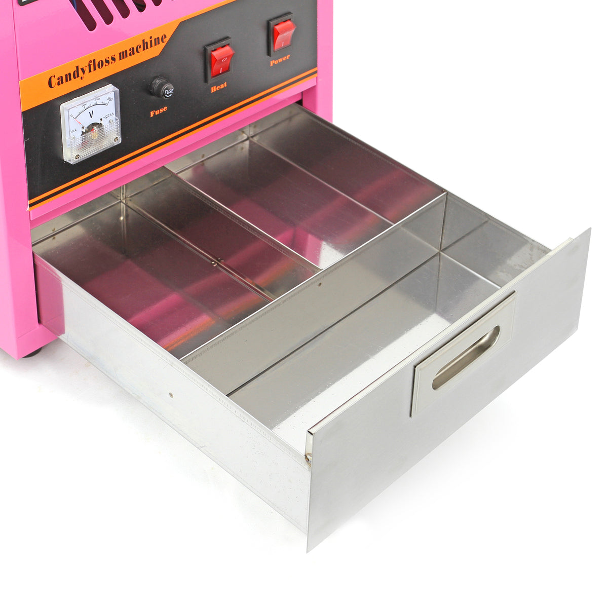Macchina per zucchero filato rosa con cassetto in acciaio inox, manopole rosse e quadrante per il controllo della temperatura