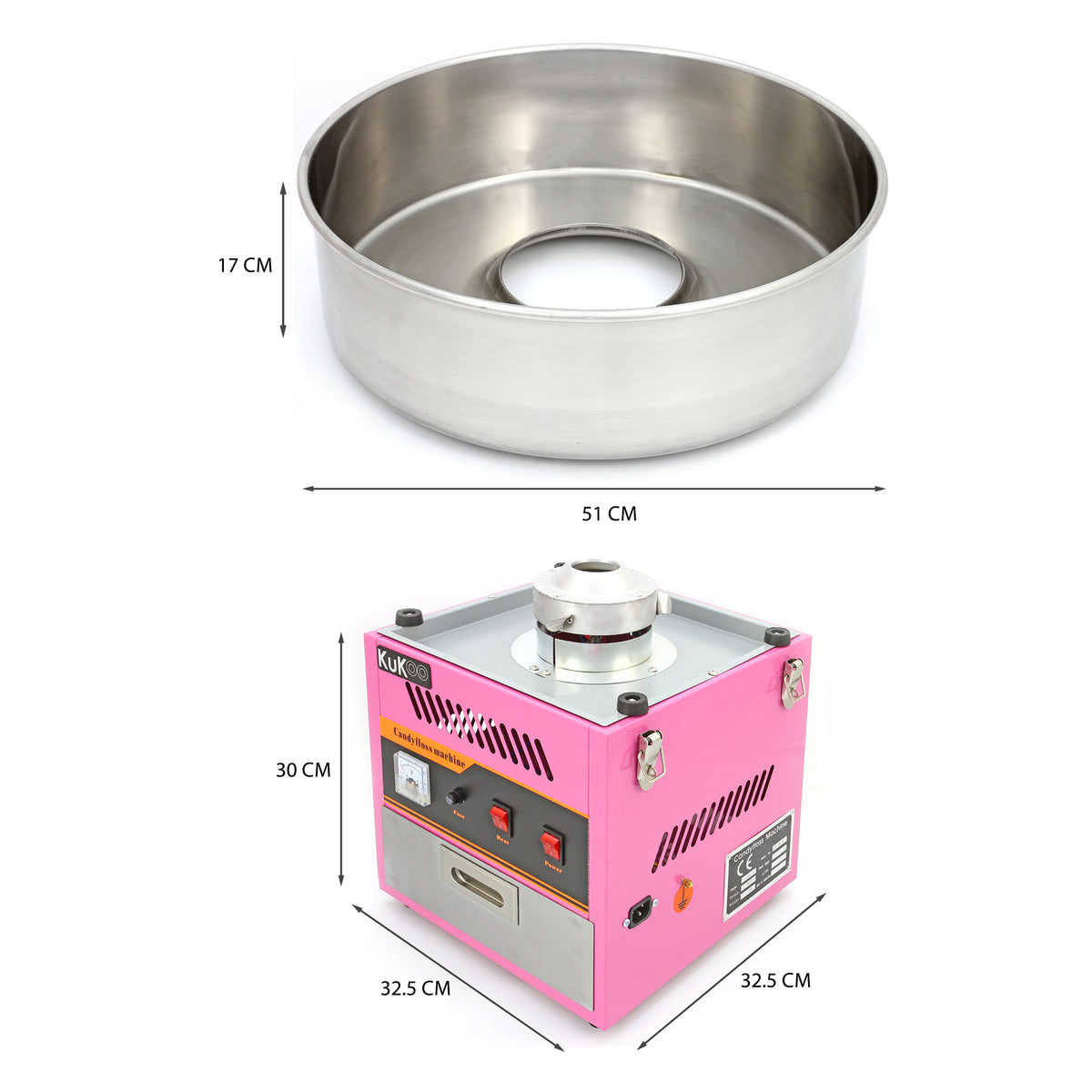 Macchina per zucchero filato con base rosa e struttura in acciaio inox, misure: 51 cm di diametro e 17 cm di altezza
