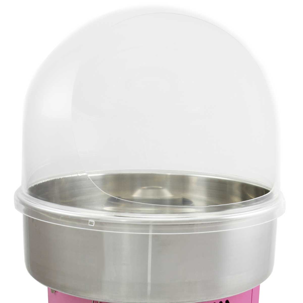 Macchina per zucchero filato con base in acciaio inox e coperchio trasparente, ideale per eventi e feste, colore rosa vivace