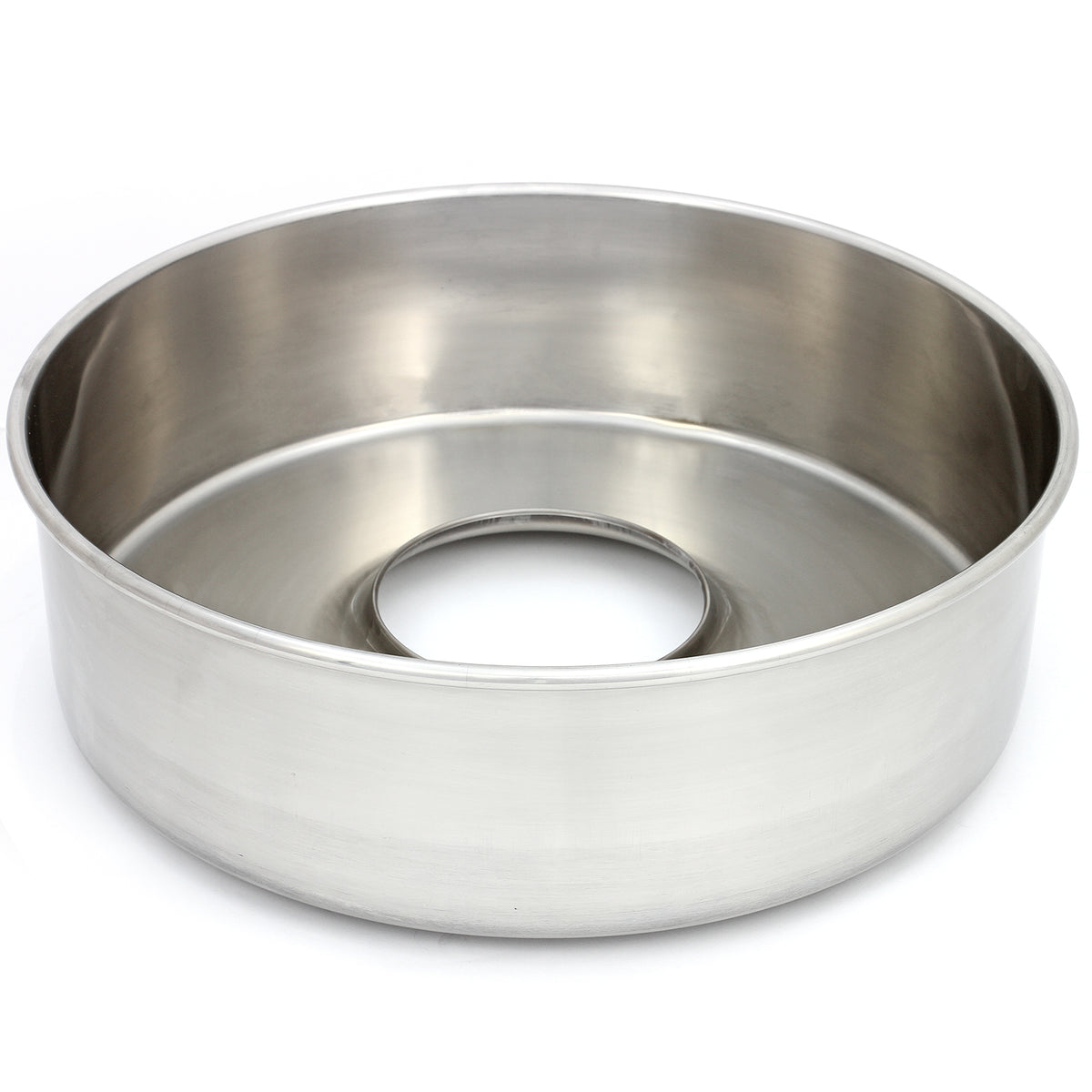 Teglia rotonda in acciaio inox lucido, con foro centrale, ideale per dolci e preparazioni al forno, resistente e facile da pulire