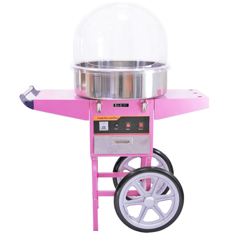 Macchina per zucchero filato rosa con struttura metallica, ciotola in acciaio inox e ruote per facile spostamento e utilizzo