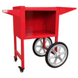 Carrello per popcorn KuKoo di colore rosso brillante, con ruote grigie e struttura metallica, ideale per eventi e feste