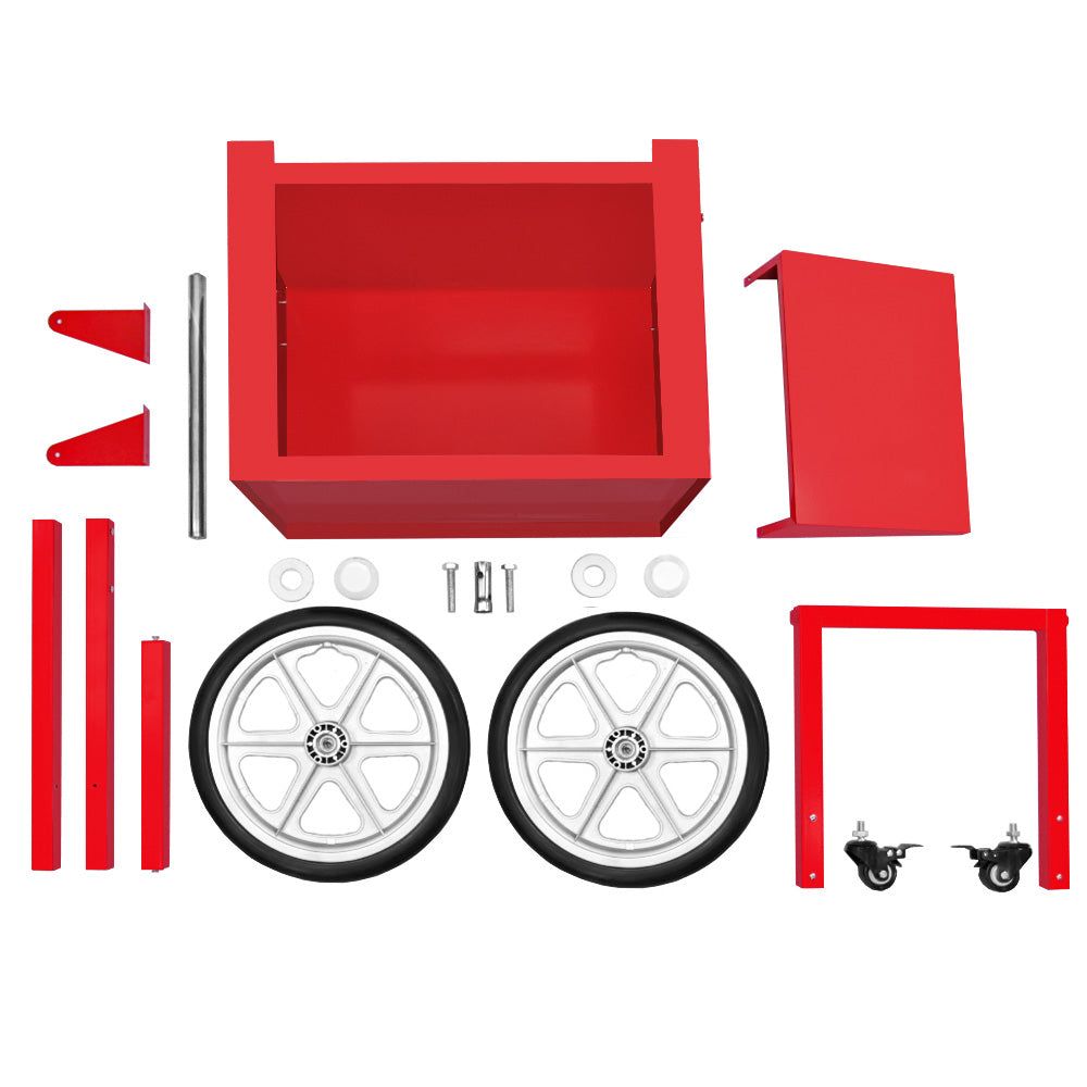 Carrello per popcorn KuKoo in rosso brillante, con ruote in metallo argentato, componenti smontabili e struttura robusta per un facile assemblaggio