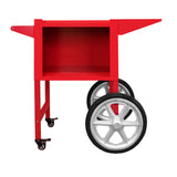 Carrello per popcorn KuKoo in rosso brillante, con ruote bianche e struttura metallica, design semplice e funzionale per eventi e feste