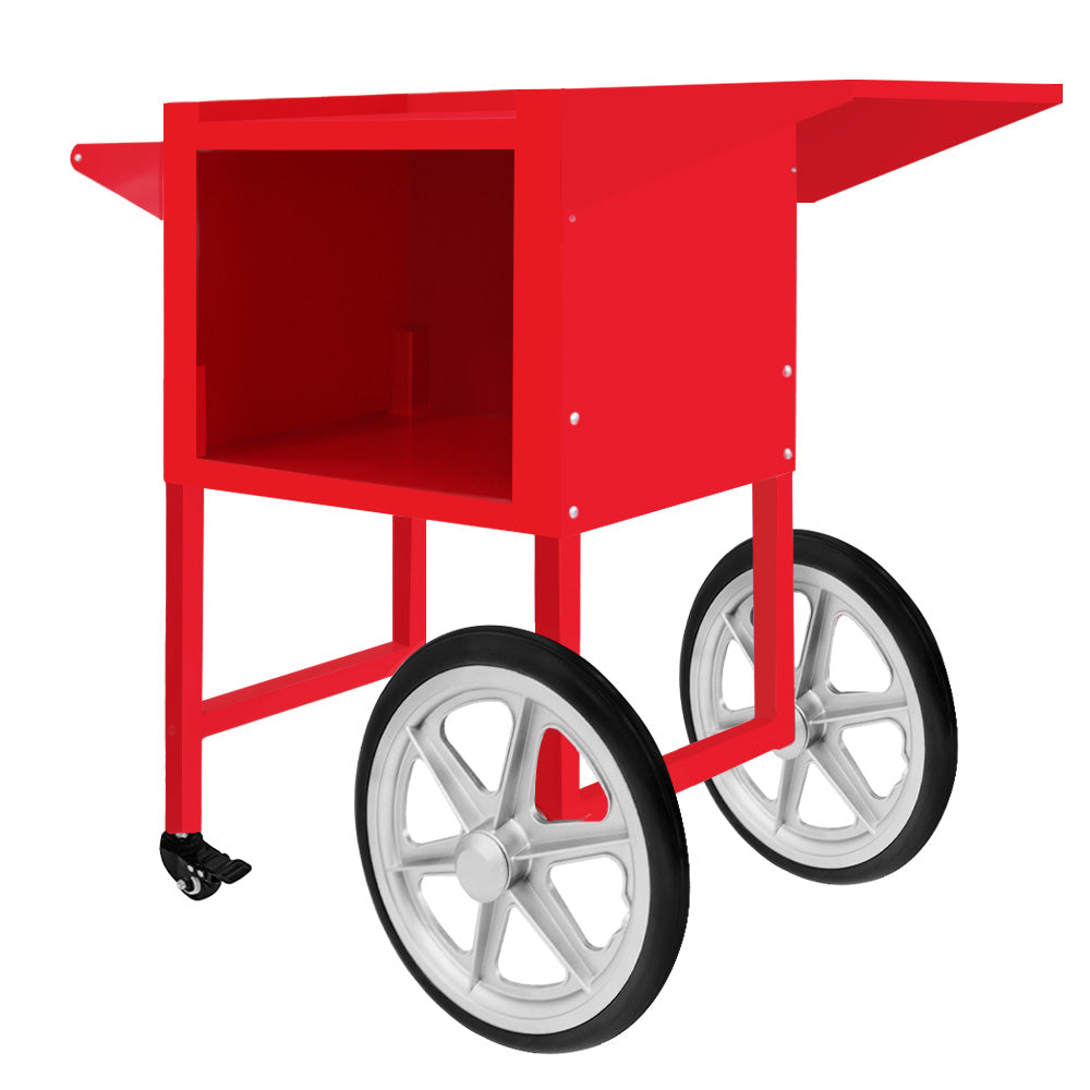 Carrello per popcorn KuKoo di colore rosso brillante, con ruote bianche, design semplice e spazioso per contenere la macchina per popcorn