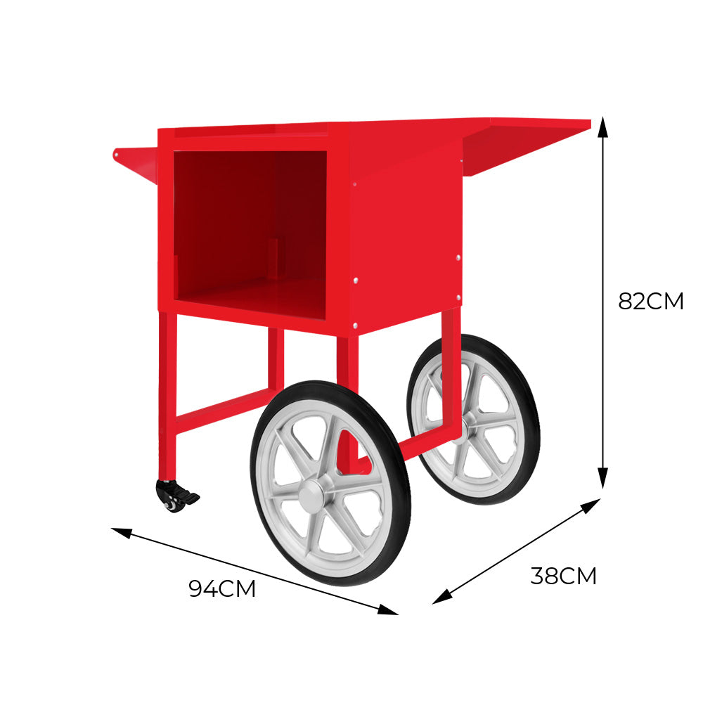 Carrello per popcorn KuKoo di colore rosso brillante, con ruote bianche, design vintage e struttura in metallo resistente, dimensioni 94x38x82 cm