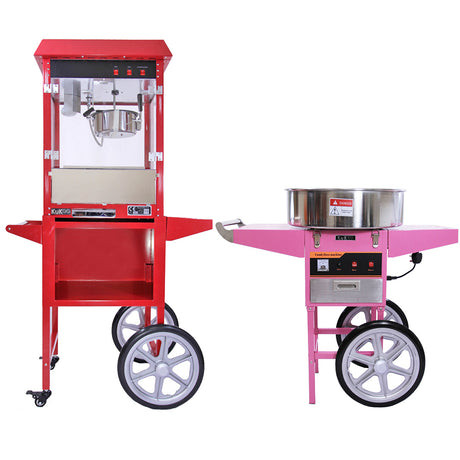 Macchina per popcorn rossa con carrello e macchina per zucchero filato rosa, entrambe con ruote e design moderno, adatte per feste