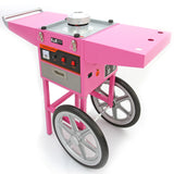 Macchina per popcorn di colore rosa brillante con ruote grigie, piano di lavoro in acciaio e pulsanti di accensione e spegnimento