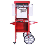 Carrello per popcorn rosso brillante con ruote, struttura in metallo, vasca trasparente e coperchio, design vintage e funzionale