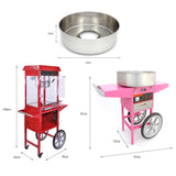Macchina per zucchero filato rossa con carrello, contenitore in acciaio inox, dimensioni 136x70 cm, design vintage e ruote per facilità di movimento