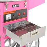Macchina per zucchero filato KuKoo, color rosa brillante, con cassetto in acciaio inox e pannello di controllo con manopole rosse