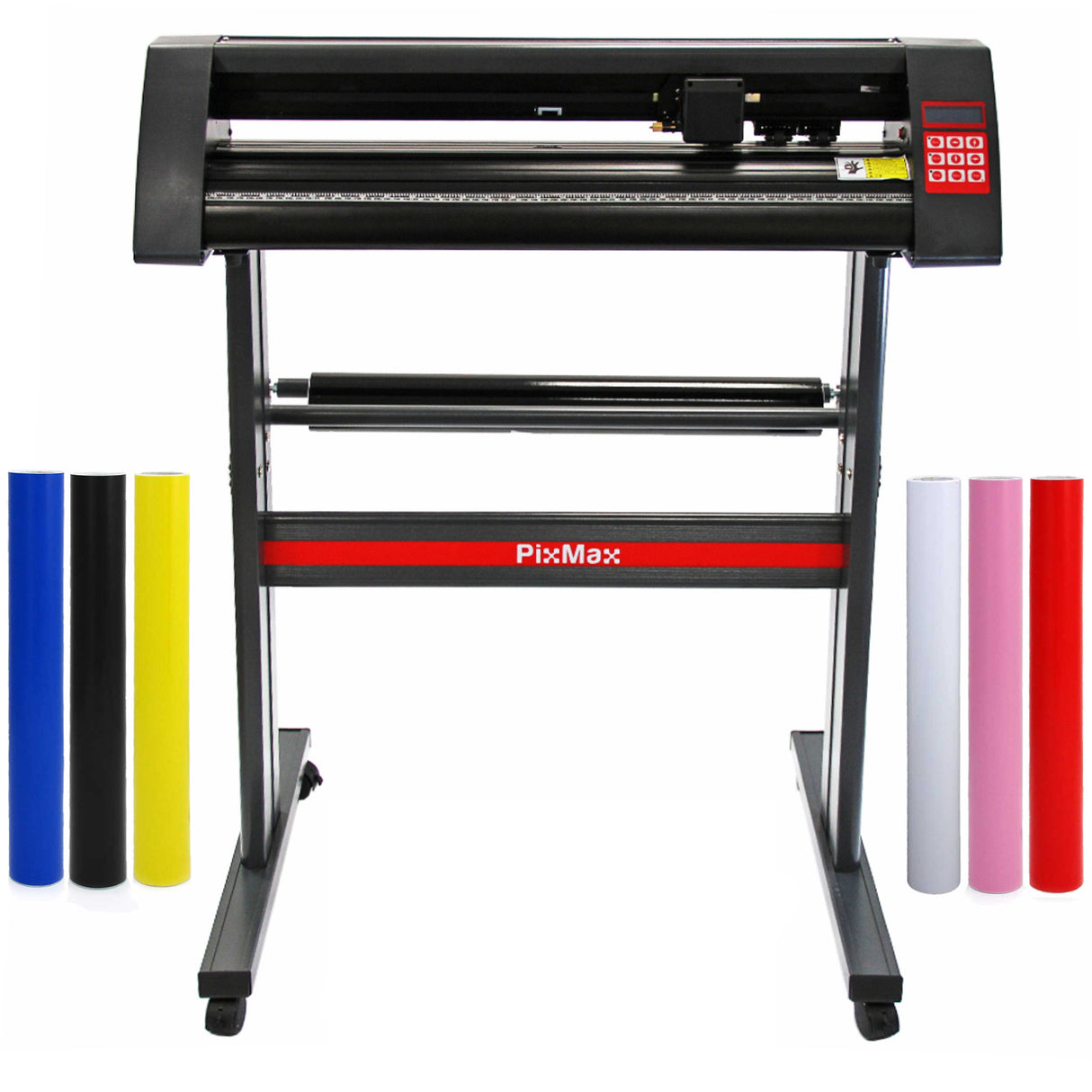 Taglierina per vinile da 720 mm con supporto, struttura nera, tasti rossi, con rotoli di vinile blu, giallo, bianco, rosa e rosso accanto