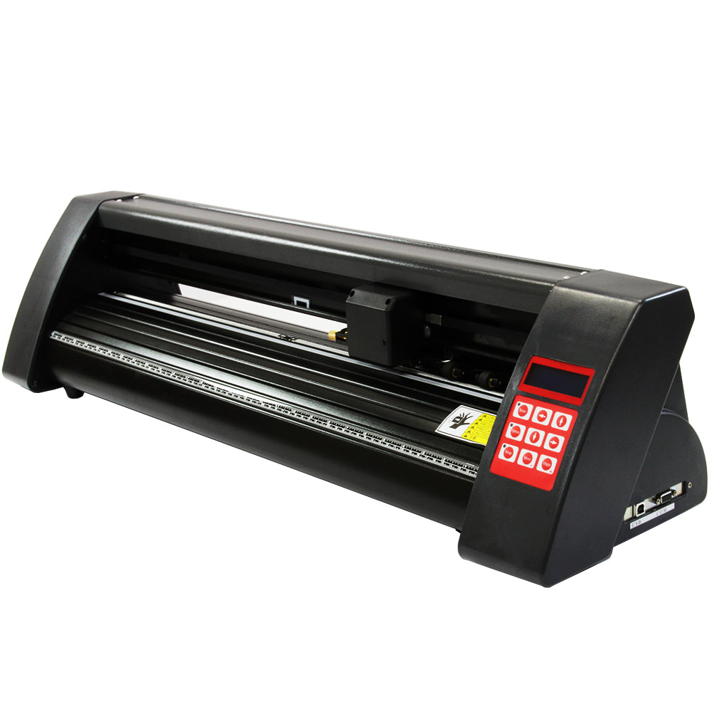 Taglierina per vinile da 720 mm con supporto, finitura nera lucida, tasti rossi, design robusto e linee moderne per un uso professionale