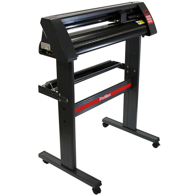 Taglierina per vinile PixMax con struttura nera, rotolo di vinile, design compatto e ruote per facile mobilità, compatibile con Mac e Windows