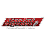 Logo di SignCut Pro, software per la creazione di insegne, con testo rosso su sfondo bianco e un'illustrazione di una taglierina per vinile