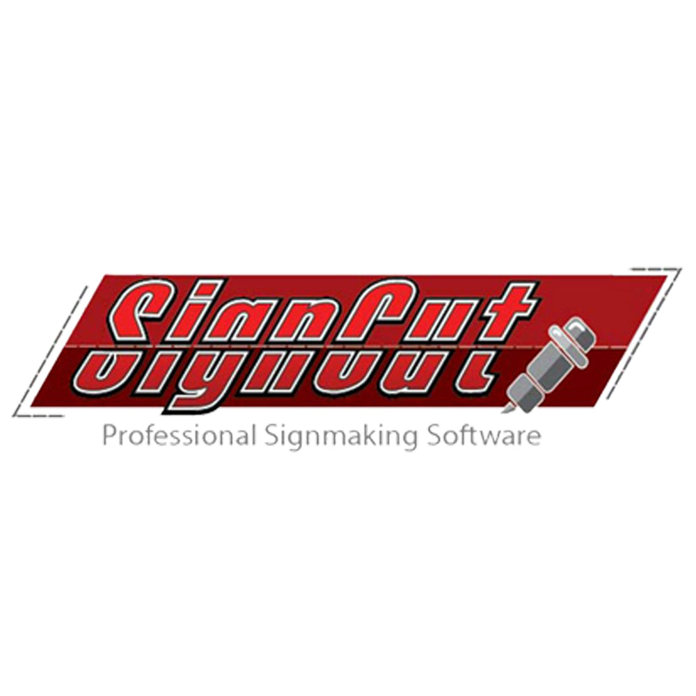 Logo di SignCut, software professionale per la creazione di insegne, con testo rosso su sfondo bianco e un'illustrazione di un attrezzo