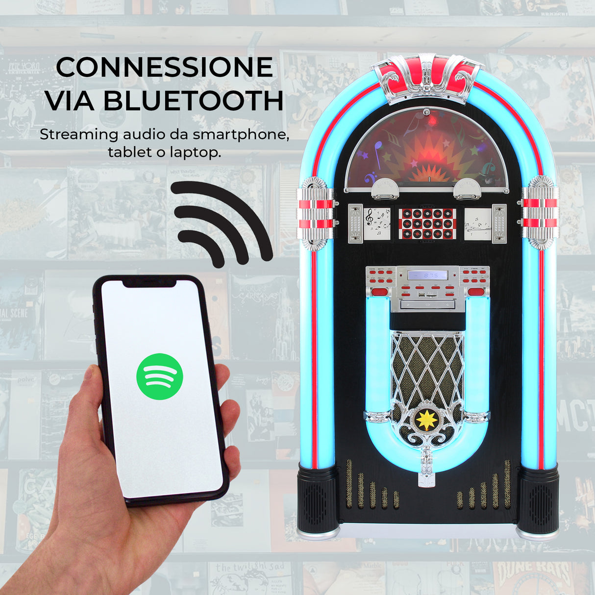 Jukebox Anni '50 con Vinile, CD, USB, Bluetooth, SD/MMC Memory Card, Radio FM e AUX