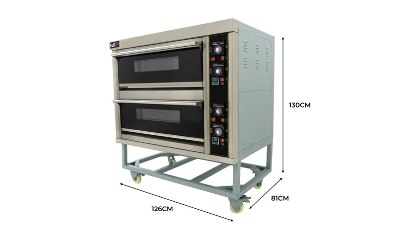 Forno elettrico a due camere con struttura in acciaio inox, manopole di controllo, ruote e dimensioni di 126x81x130 cm