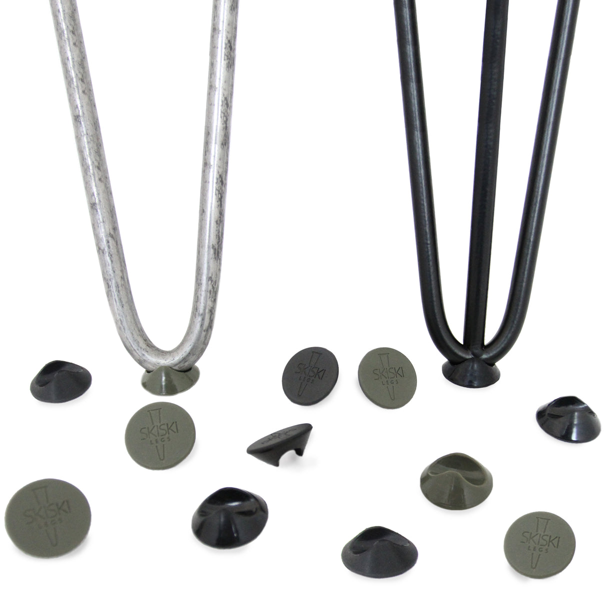 Set di 4 piedini protettivi grigi per gambe hairpin da 12 mm, con texture liscia e design rotondo, adatti per proteggere pavimenti
