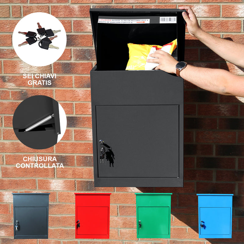Cassetta postale nera in metallo con apertura superiore, chiusura controllata, chiavi incluse, disponibile in rosso, verde e blu