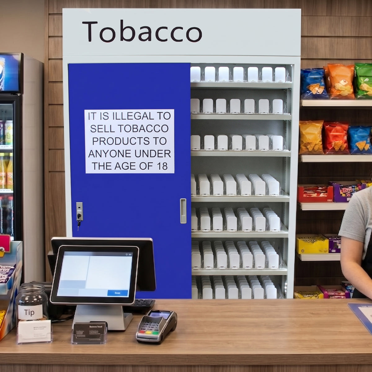 Negozio di tabacco con porta blu, scaffali bianchi pieni di pacchetti, cartello che avverte sulla vendita ai minori di 18 anni