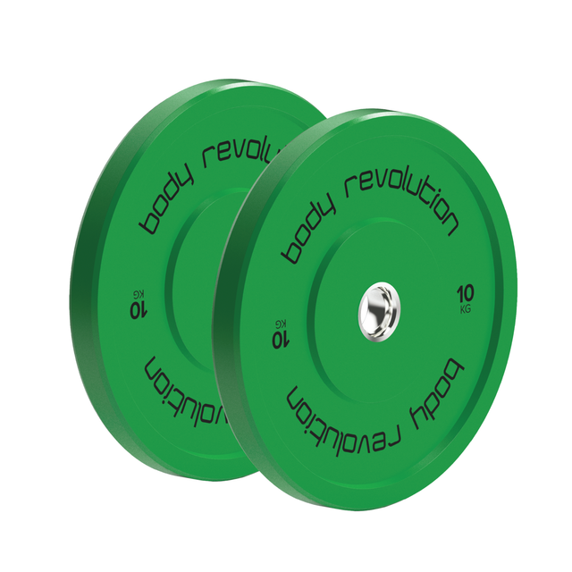 Dischi bumper olimpici da 10 kg, colore verde brillante, con finitura liscia e logo Body Revolution in evidenza, ideali per allenamenti intensi