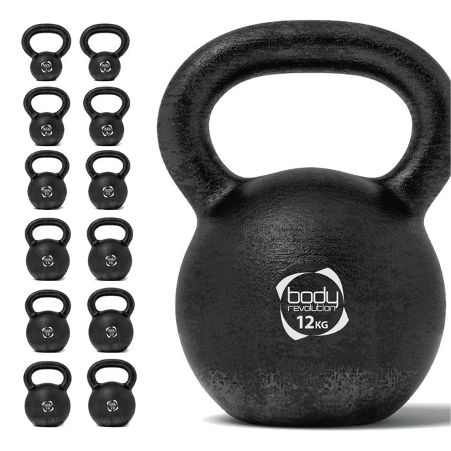 Kettlebell in ghisa nera da 12 kg con manico ergonomico, superficie ruvida per una presa sicura, ideale per allenamenti intensi