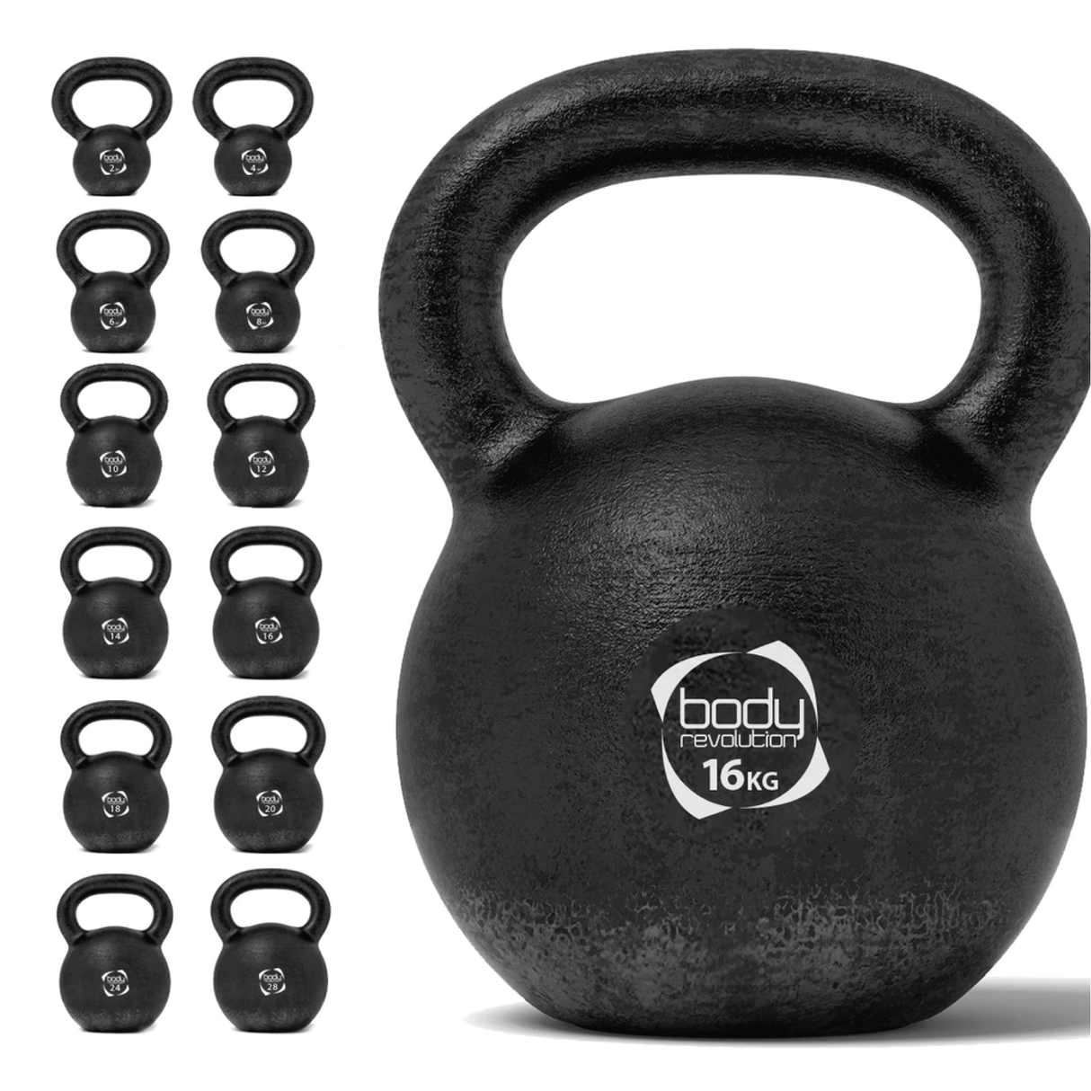 Kettlebell in ghisa nera da 16 kg con manico robusto, superficie opaca e logo visibile, ideale per allenamenti di forza