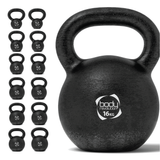 Kettlebell in ghisa nera da 16 kg con manico robusto, superficie opaca e logo visibile, ideale per allenamenti di forza