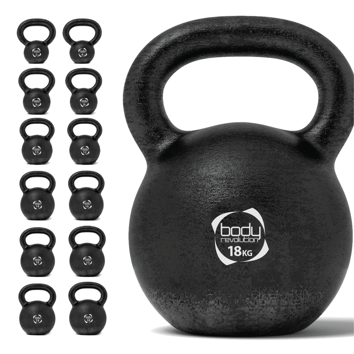 Kettlebell in ghisa da 18 kg, finitura nera opaca, manico robusto, ideale per allenamenti di forza e resistenza